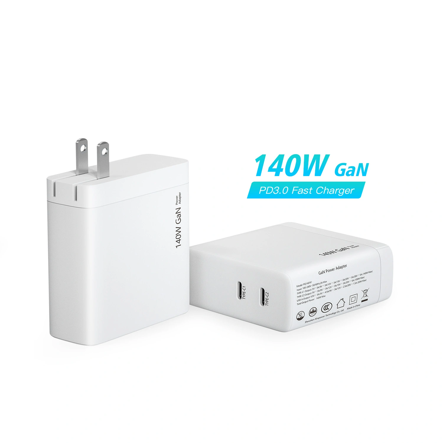140W dobbel usb c-port PD Lader US plugg sammenleggbar