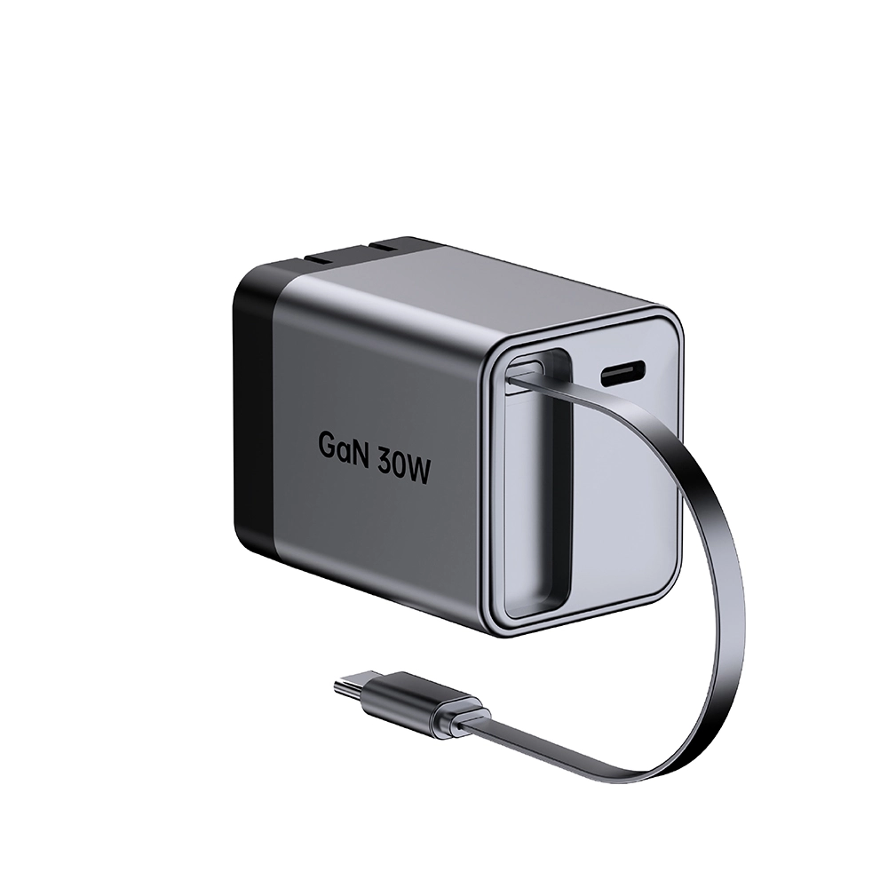 30W amerikansk plugg sammenleggbar hurtiglader med uttrekkbar usb c-kabel