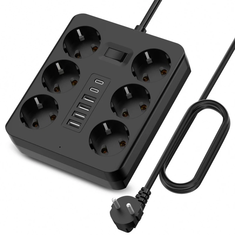 6 uttak EU-plugg Power Strip