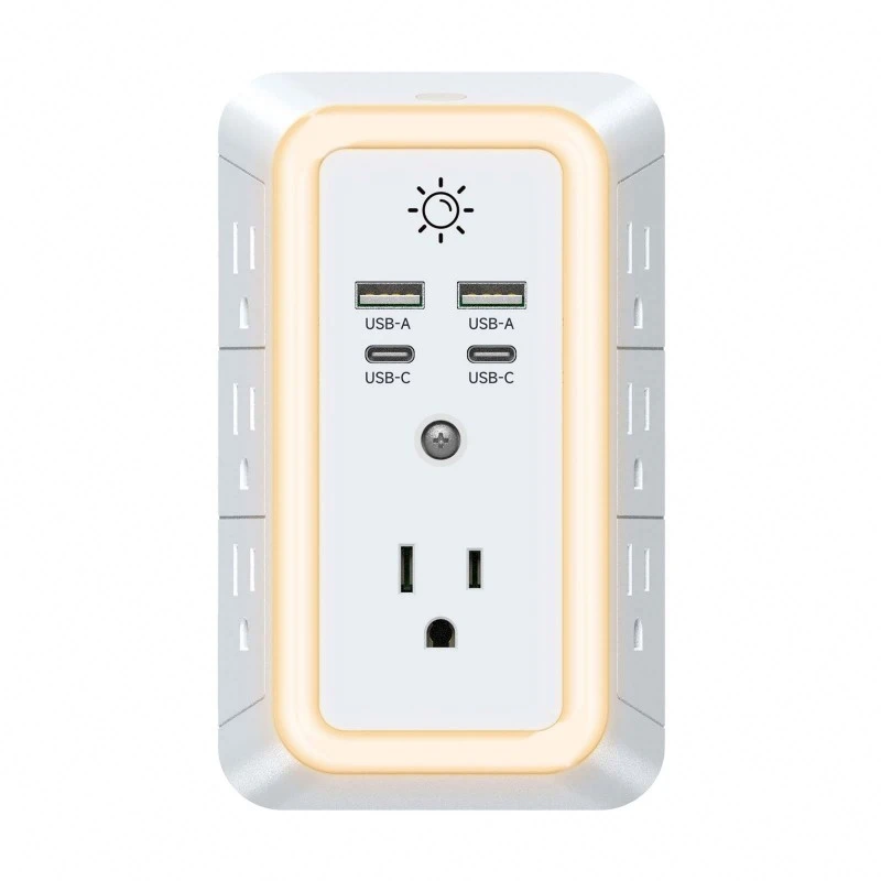 7-uttak US Power Strip med LED nattlys