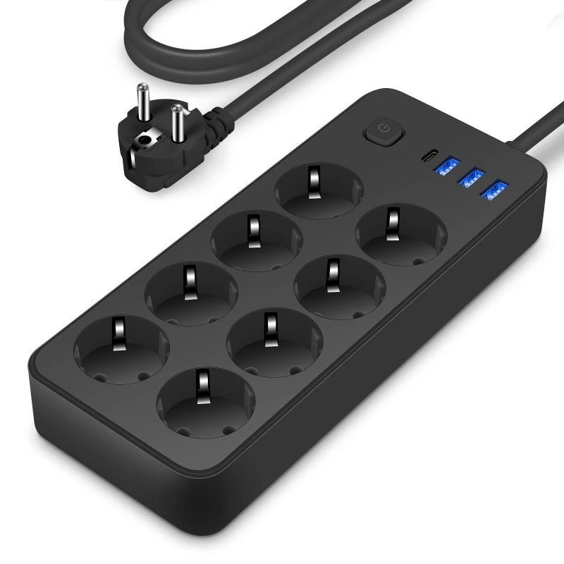 EU Standard Power Strip 8 AC med 4 USB-porter