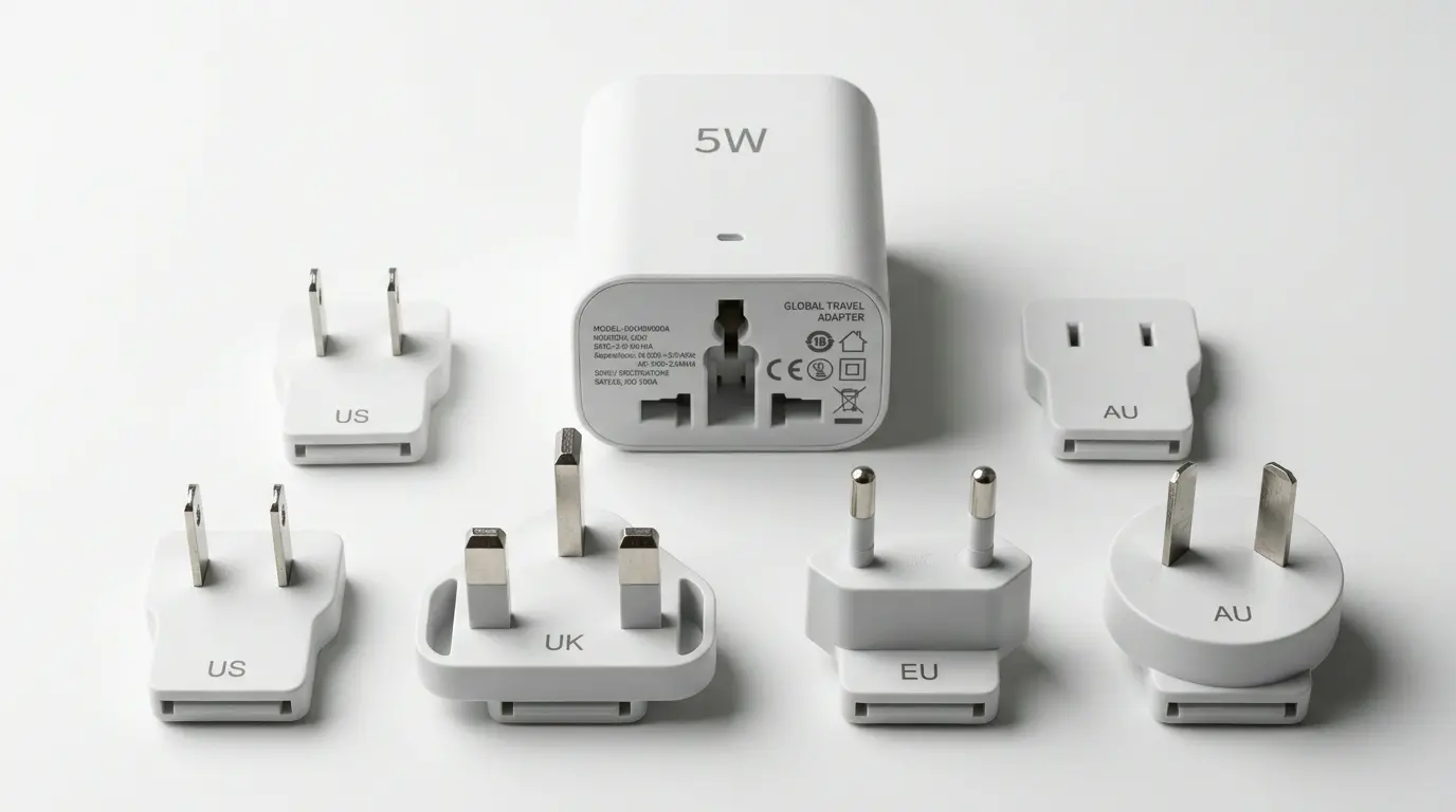 A high-quality 5W detachable plug power adapter showing multiple interchangeable plugs (US, EU, UK, AU) arranged neatly on a clean white background.
