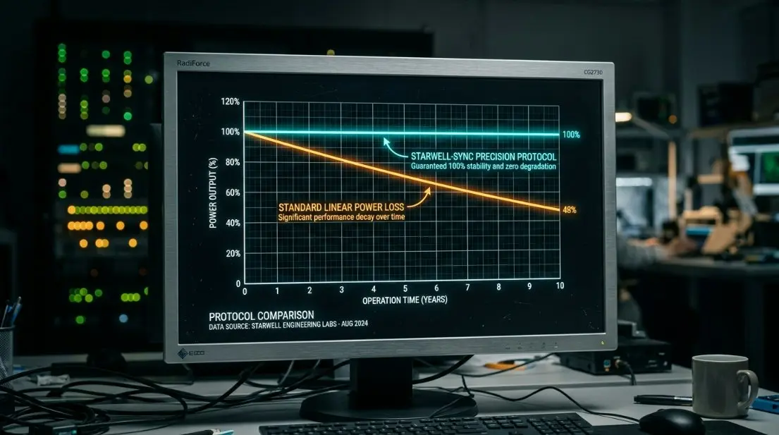 An elegant infographic diagram comparing standard linear power loss to the highly efficient, stabilized output curve of the Starwell-Sync Precision Protocol